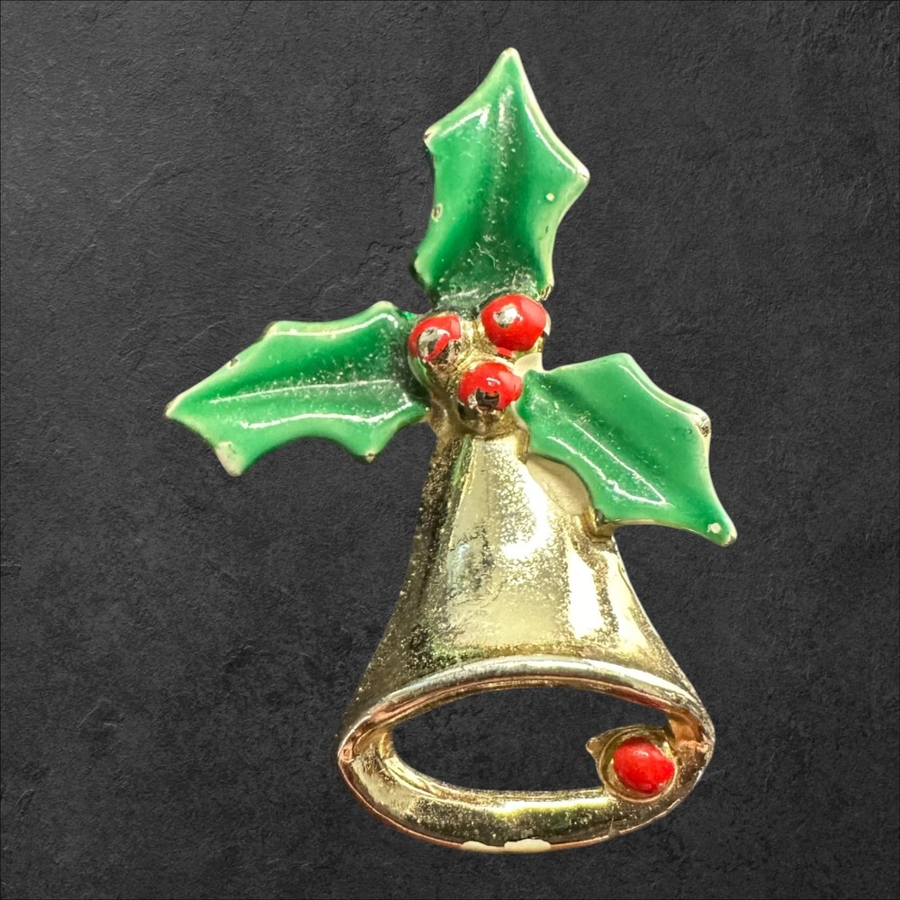Christmas Bell Brooch Gold Green Red Holly Enamel Vintage